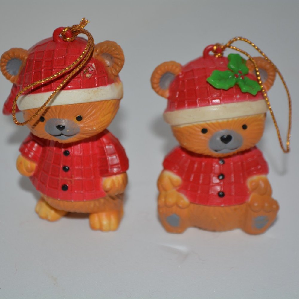 Vintage Mistletoe Plastic Teddy Bear Christmas Ornaments Lot of 2 Red Pajama Hat